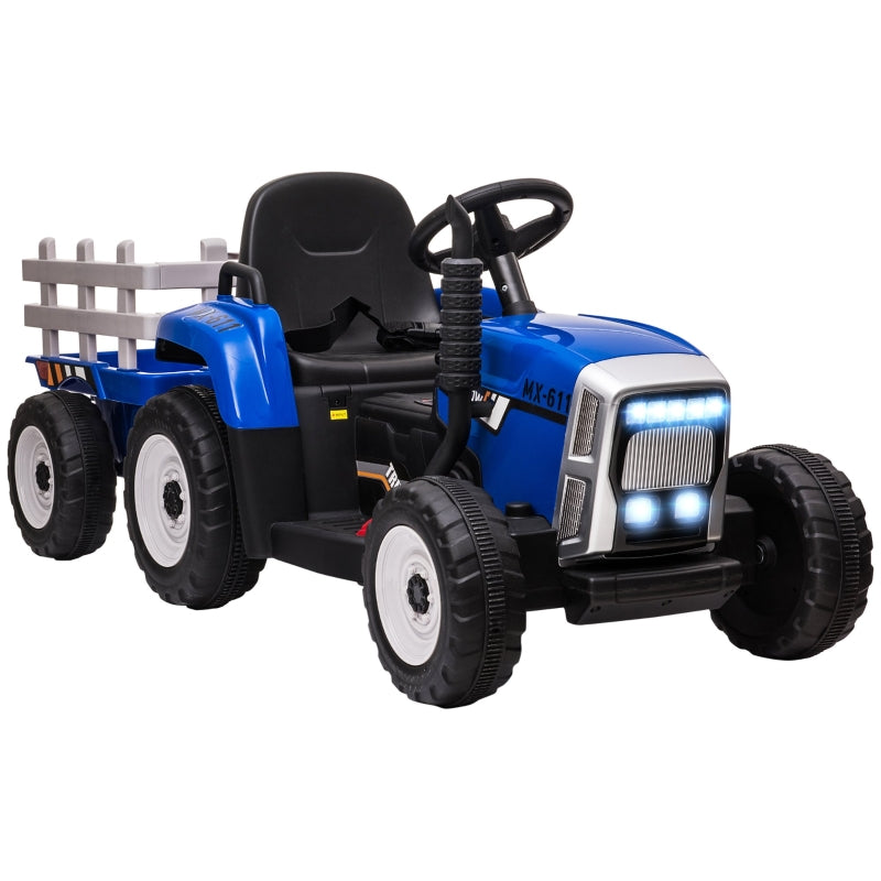 Blue Ride-On Tractor with Detachable Trailer, Remote Control & Music