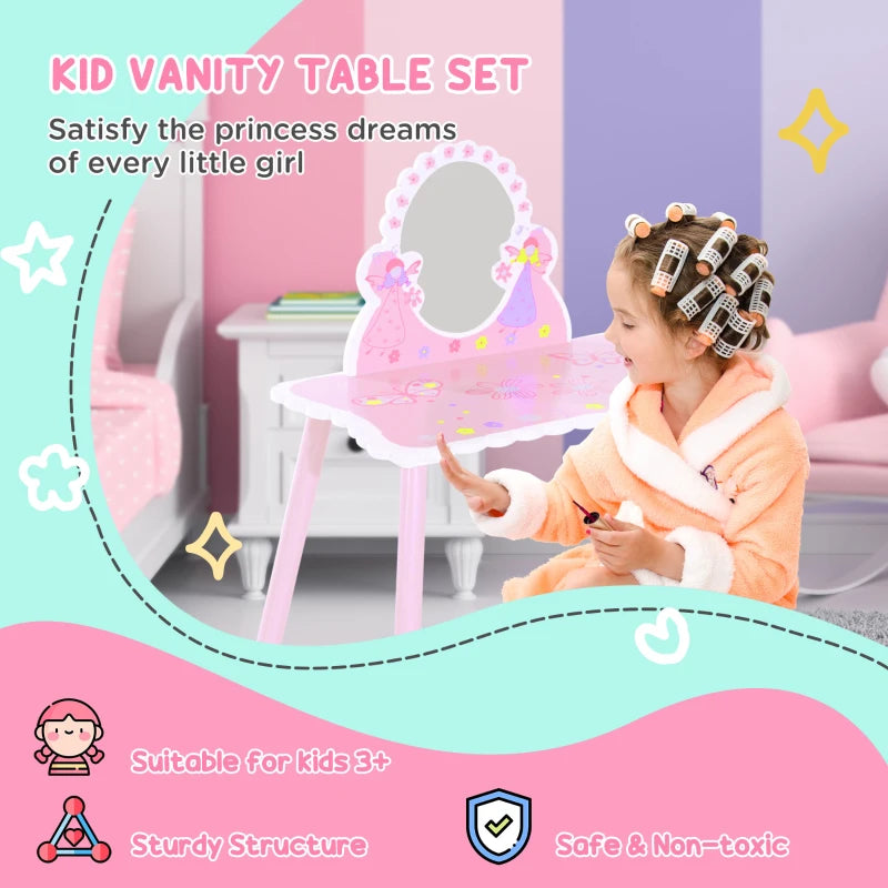 Kids Pink Wooden Dressing Table Set with Mirror & Stool