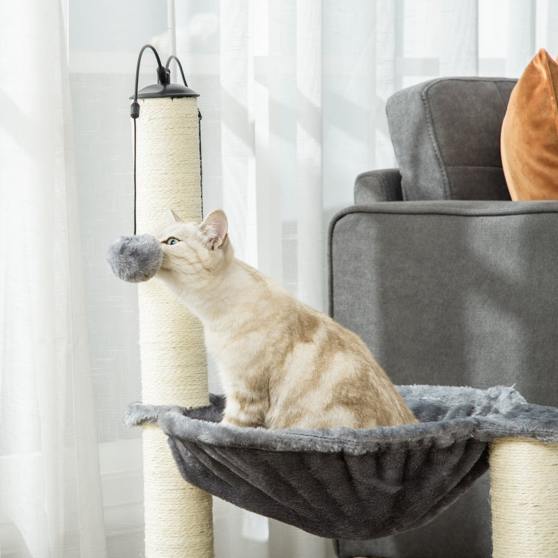 Grey Cat Tree Tower with Scratching Post, Hammock & Ball - 40x40x83 cm