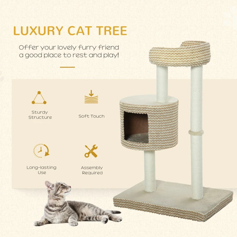 Beige Cat Tree Tower with Scratching Posts and Perch