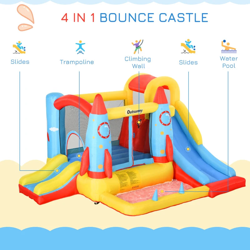 Inflatable Rocket Design Bounce Castle with Trampoline, Slide, and Pool - 3.4m x 2.8m x 1.85m - Blue