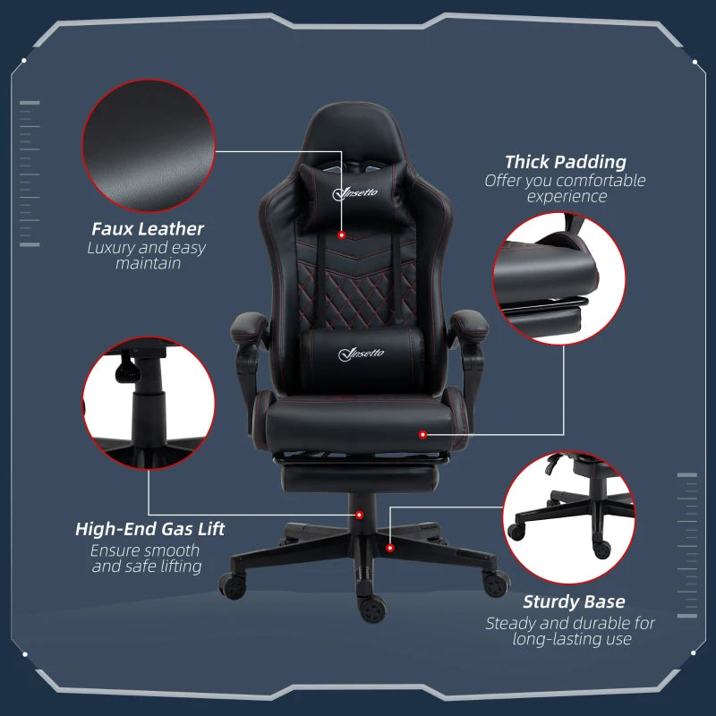 Black Red Racing Gaming Chair with Footrest and Swivel Wheel