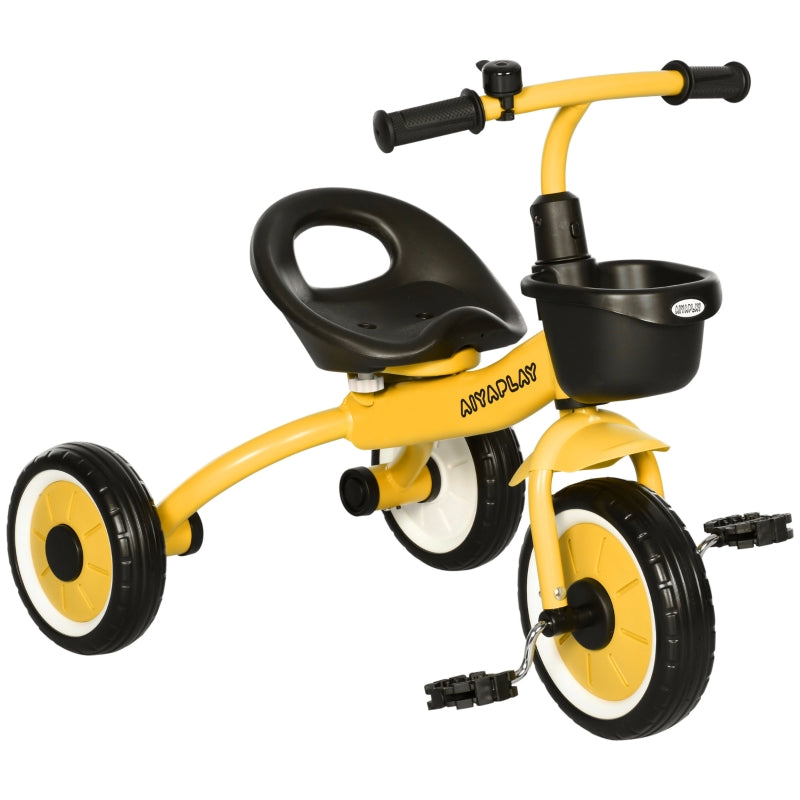 Yellow Kids Trike with Adjustable Seat, Basket & Bell - Ages 2-5