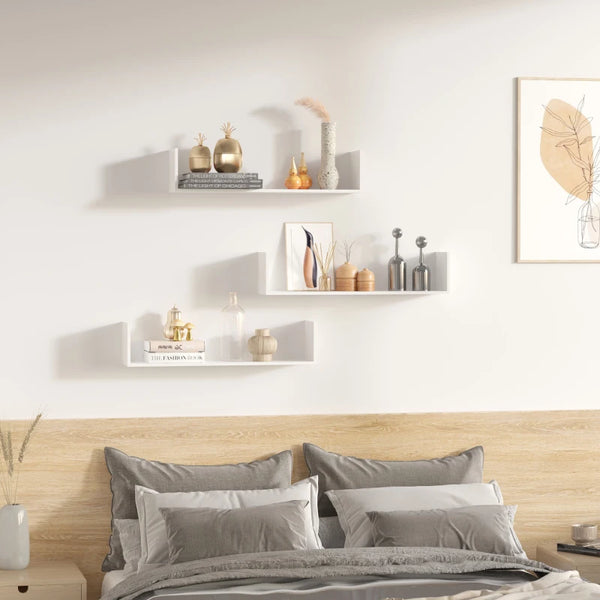 White Wooden U-Shaped Floating Shelves Set - Wall Mounted Storage Display