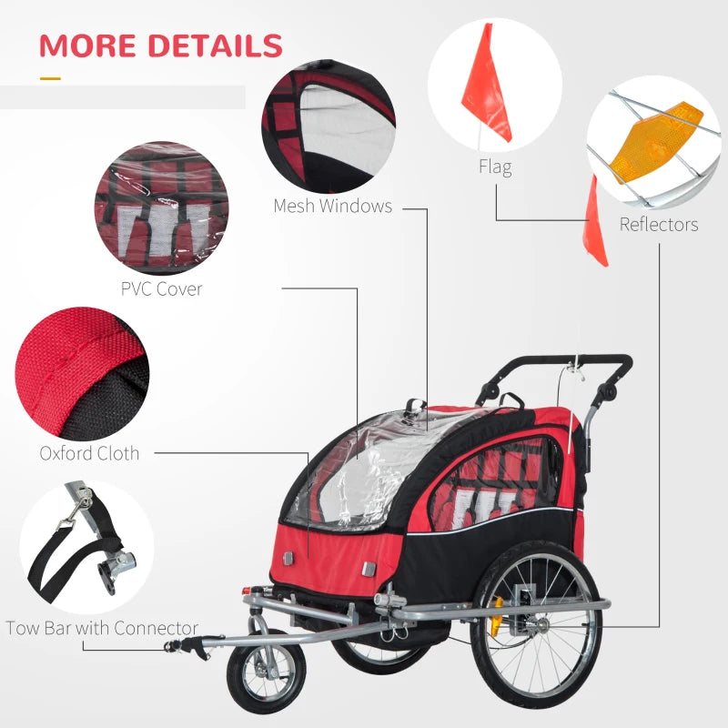 Black and Red 2-Seater Bicycle Baby Child Carrier Trailer