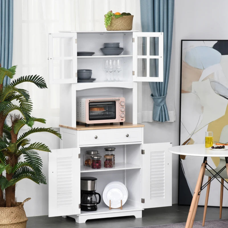 White Louvered Kitchen Storage Cabinet with Glass Doors & Drawers