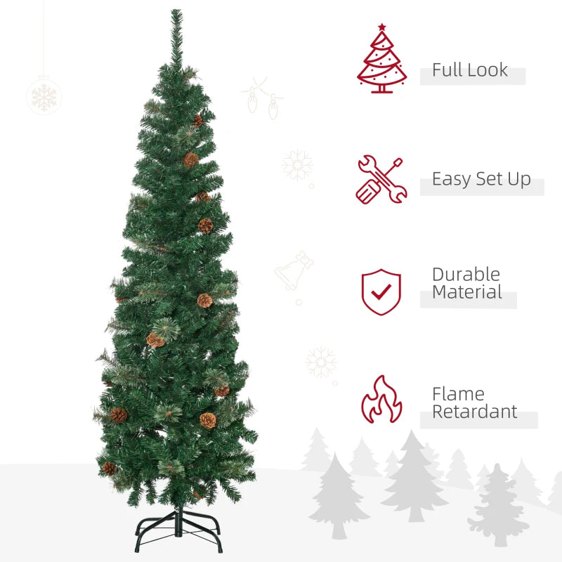 5.5FT Tall Slim Green Christmas Tree with Realistic Branches and Pine Cones