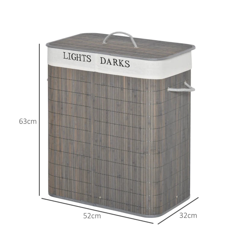 Grey 2-Section Collapsible Laundry Basket with Lid and Handles