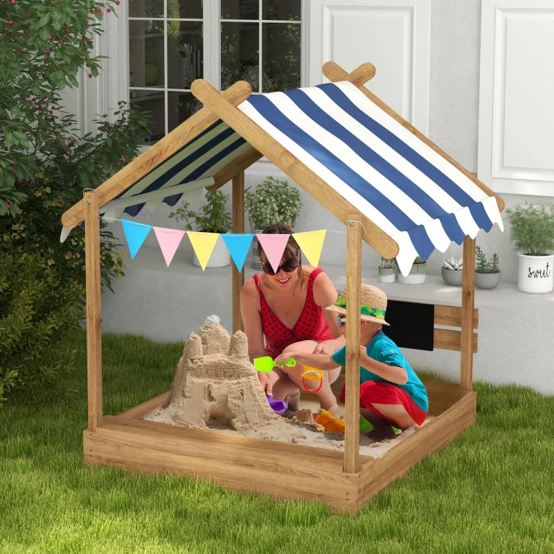 Brown Wooden Sandbox with Blackboard and Toys for Ages 3-7