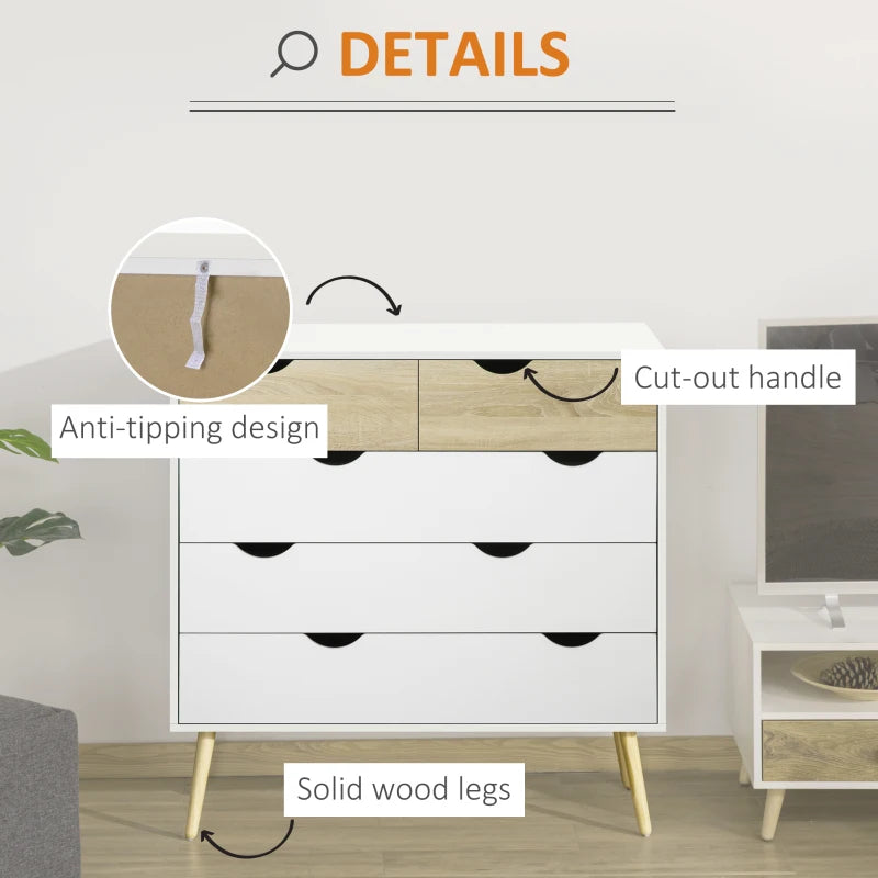 Modern White 5-Drawer Chest with Tapered Legs and Groove Handles