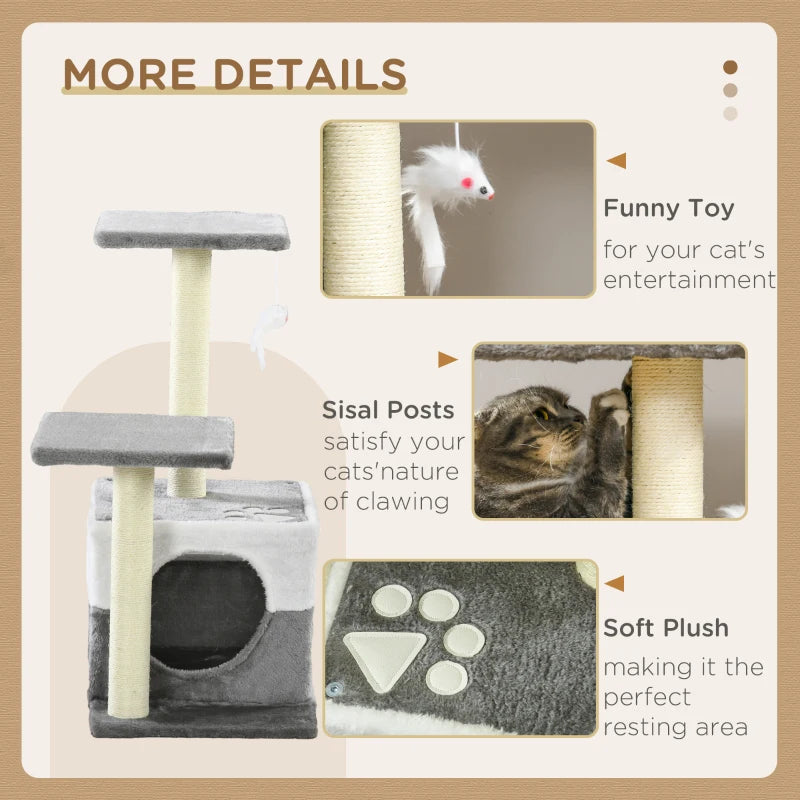 Grey Cat Tree with Scratching Posts, House, Perches & Toy Mouse