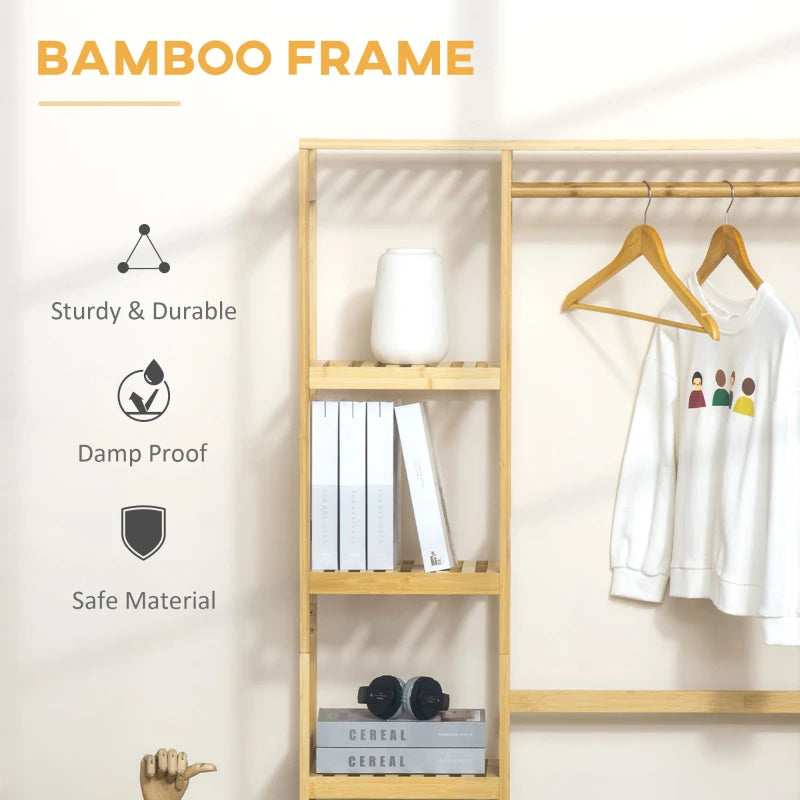 Natural Bamboo Garment Rack with Storage Shelf and Hanging Rail