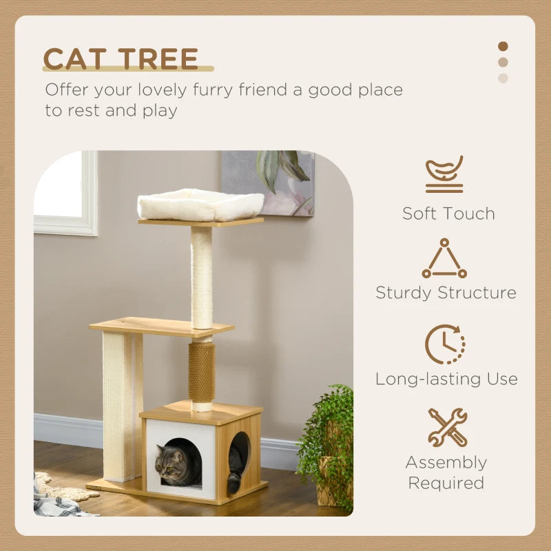 Oak Tone Cat Tree with Scratching Posts and Perches - 59.5 x 39.5 x 114cm