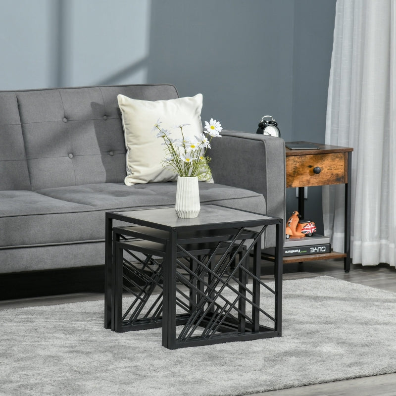 Grey Square Nesting Coffee Tables Set, 3-Piece Black Metal Frame Side Tables