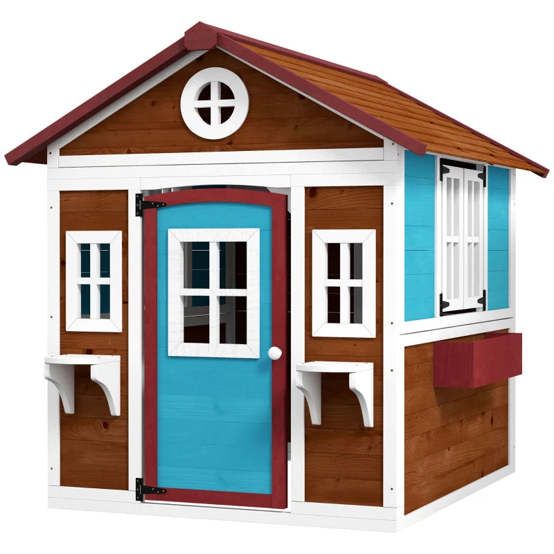 Kids Wooden Playhouse with Doors, Windows, Planters - Dark Brown