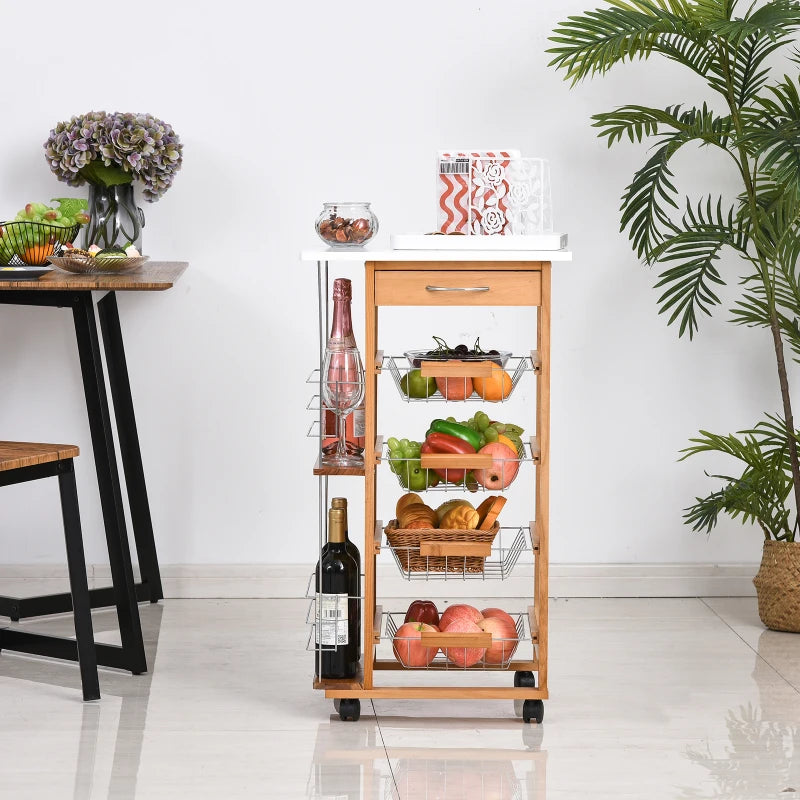 Brown Rolling Kitchen Cart with 4 Basket Drawers & Side Racks