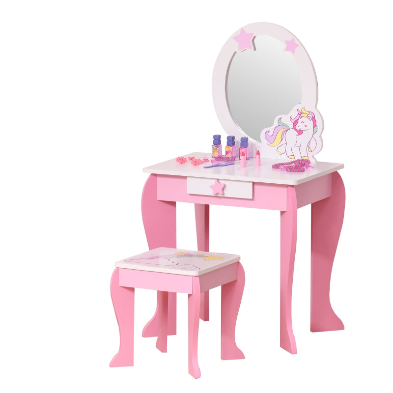 Kids Pink Dressing Table Set with Mirror and Stool