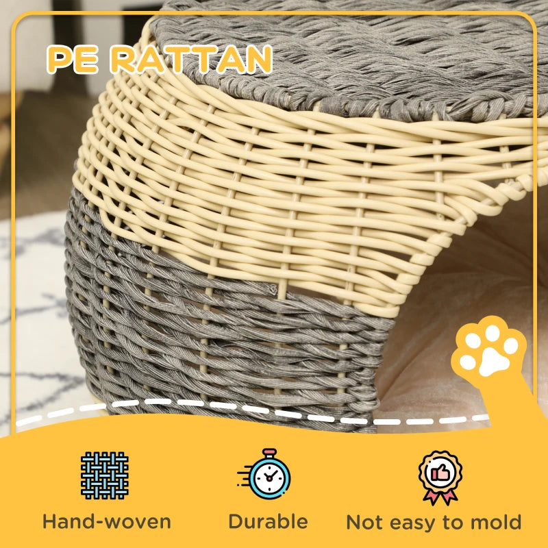 Rattan Wicker Cat Bed, Cozy Kitten Cave, Grey, Washable Cushion, 40x30cm