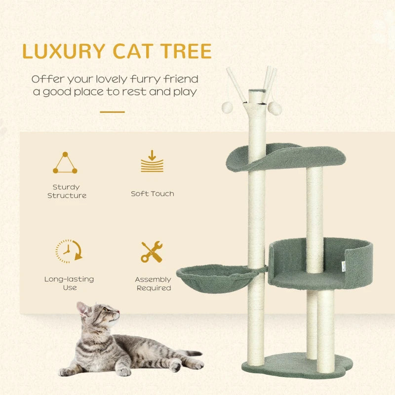 Green Cat Tree Tower with Scratching Post, Hammock & Toy