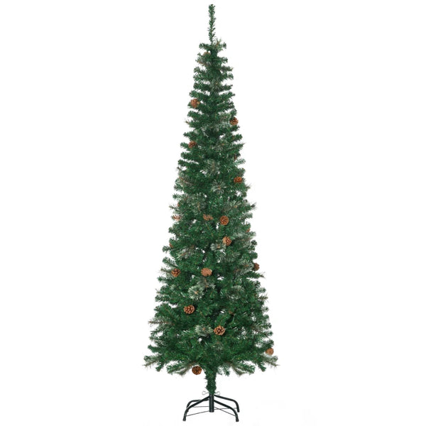 6.5FT Tall Slim Green Christmas Tree with Realistic Branches and Pine Cones