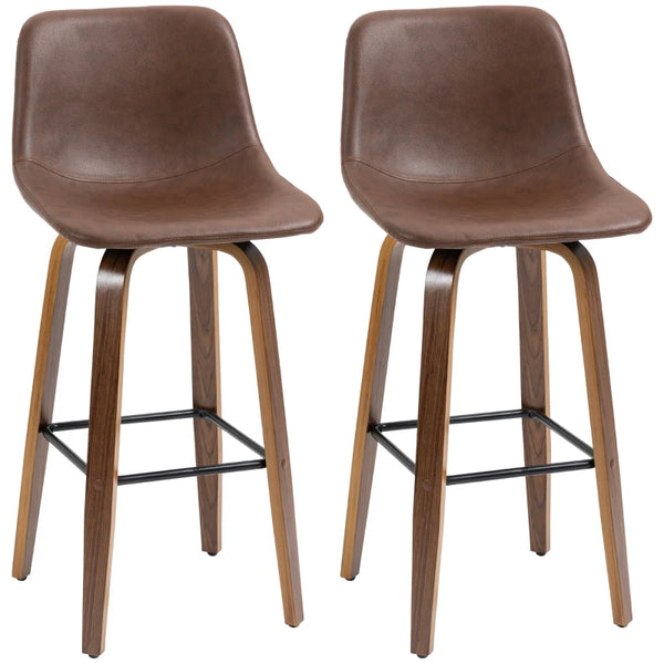 Brown PU Leather Bar Stools Set of 2 with Backs and Wood Legs