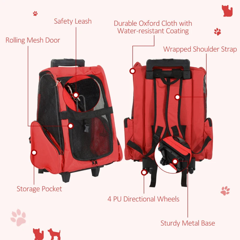 Red Pet Travel Backpack with Trolley and Telescopic Handle