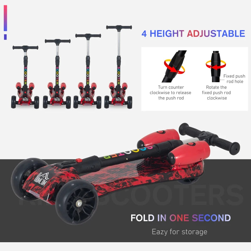 Red Kids 3-Wheel Adjustable Height Kick Scooter with Flashing Wheels and Music