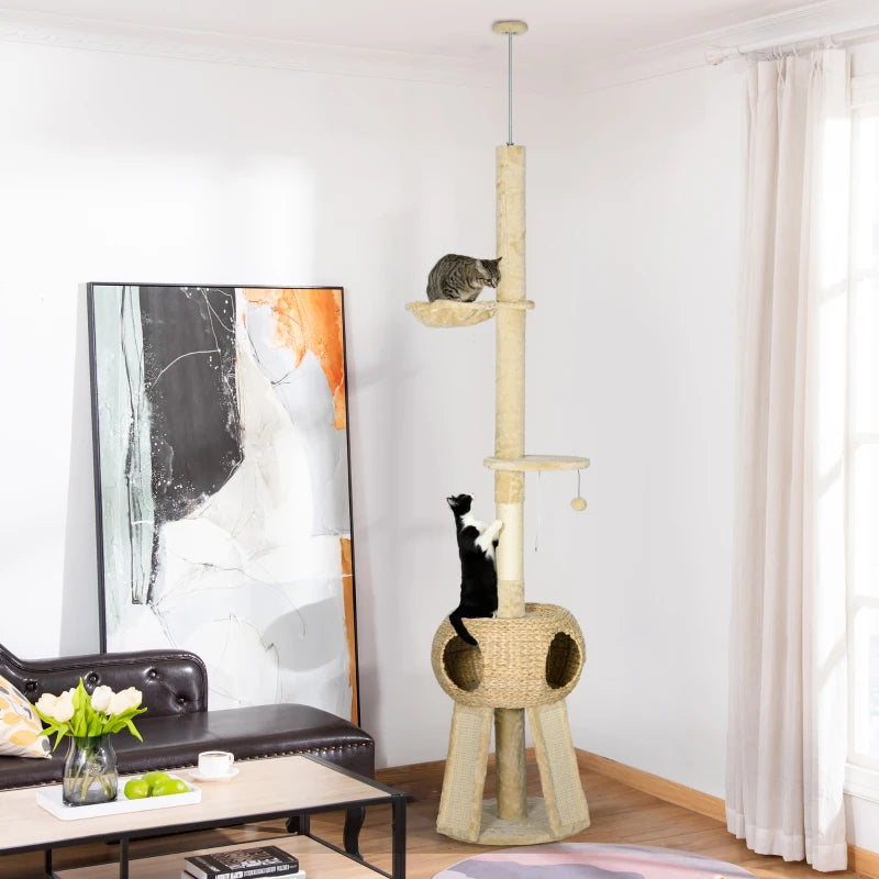 Beige Cat Tree Tower with Scratching Post and House - 255cm