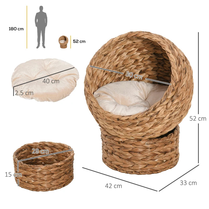 Brown Wicker Cat Bed with Raised Rattan Basket & Washable Cushion