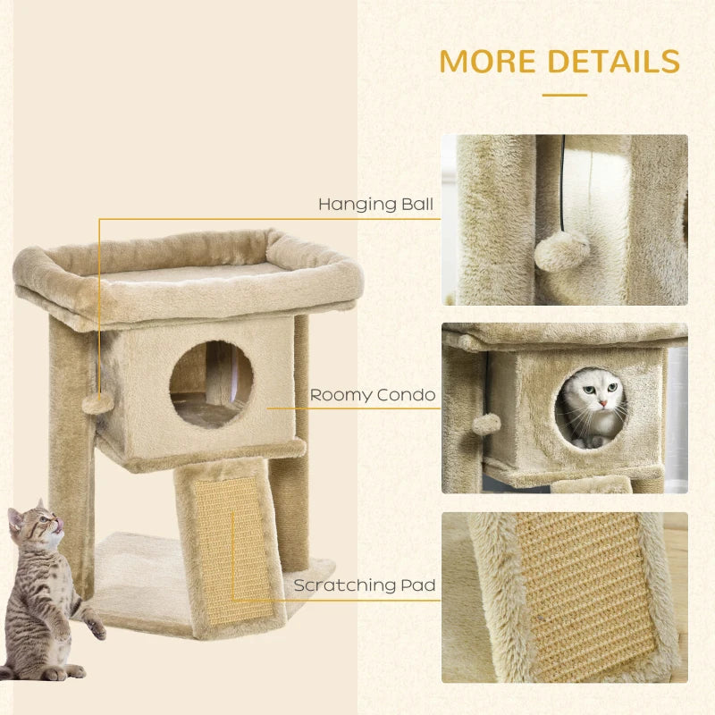 Brown Cat Tree Tower with Scratching Post and Toy Ball