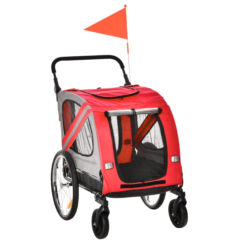 Red 2-In-1 Dog Bike Trailer Pet Stroller with Reflective Flag