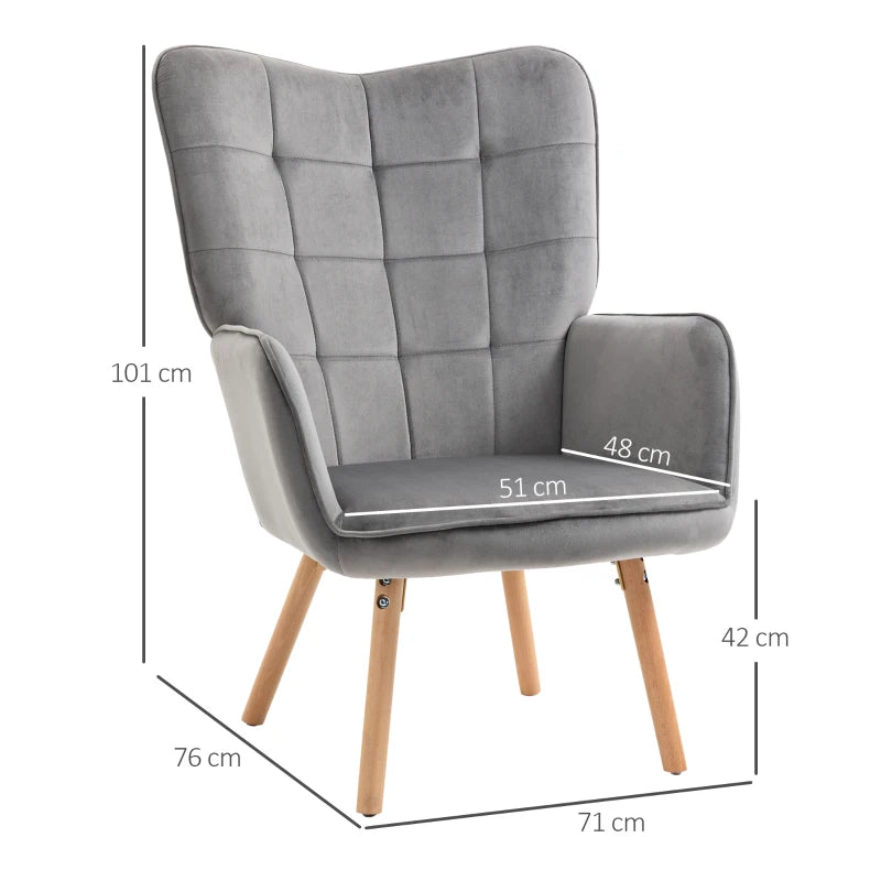 Grey Velvet Tufted Wingback Armchair with Wood Legs