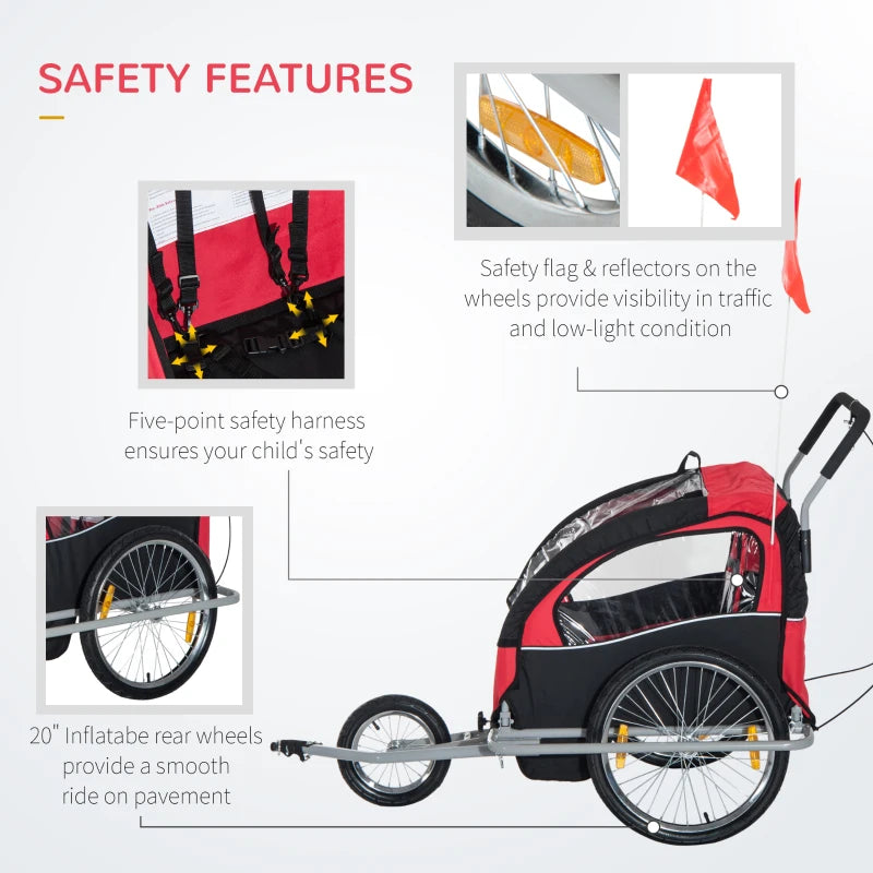 Red 2-Seater Collapsible Bike Trailer & Child Stroller with Pivot Wheel