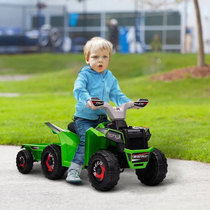 Green 6V Quad Bike with Back Trailer for Toddlers, Wear-Resistant Wheels