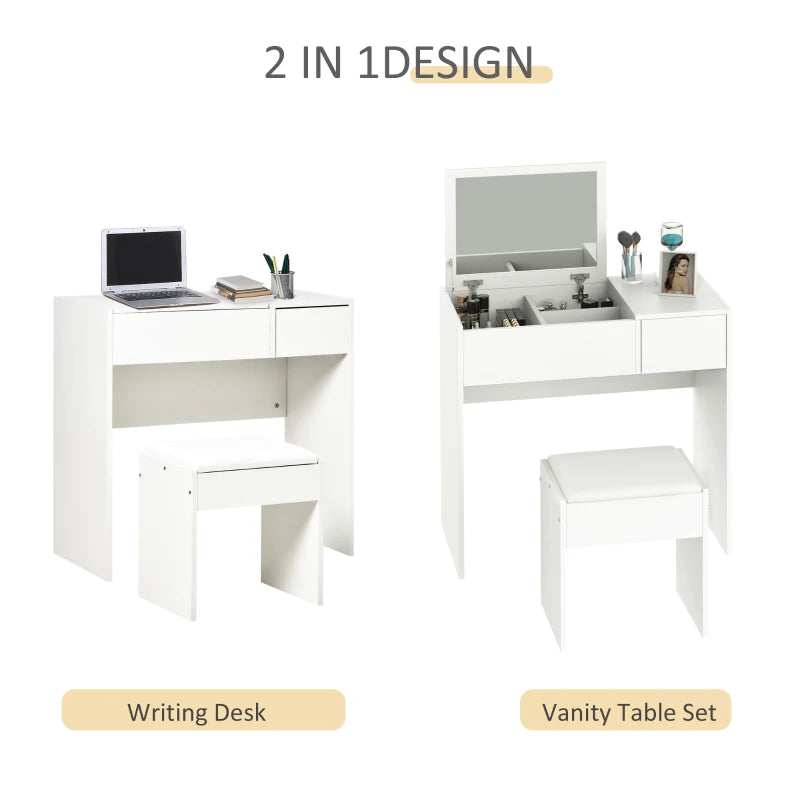 White Makeup Vanity Set with Mirror, Drawer, and Stool