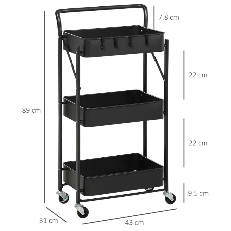 Black 3 Tier Foldable Storage Trolley Cart with Mesh Baskets and Hooks