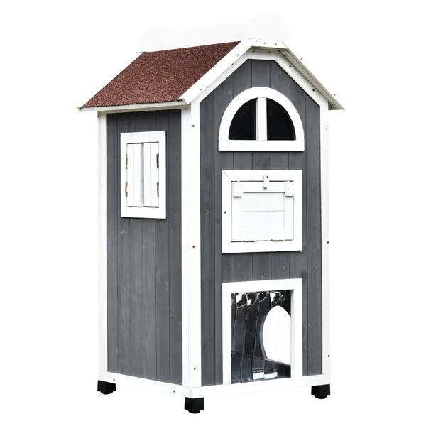 Grey & White Weatherproof Wooden Cat House with 2 Floors