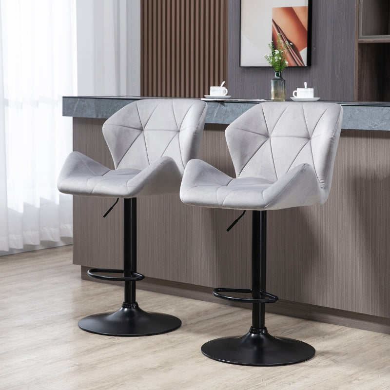 Grey Velvet Barstools Set of 2 with Backrests and Adjustable Height