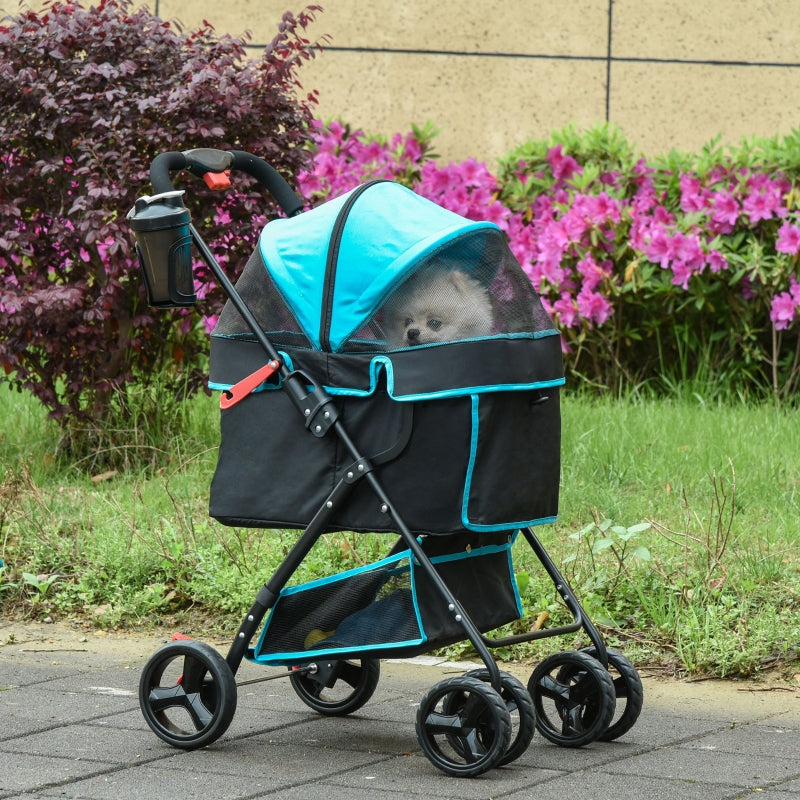 Foldable Pet Stroller with Adjustable Canopy - Blue