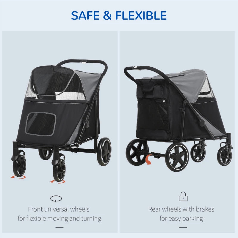 Black Pet Stroller with Rain Cover for Medium and Large Dogs