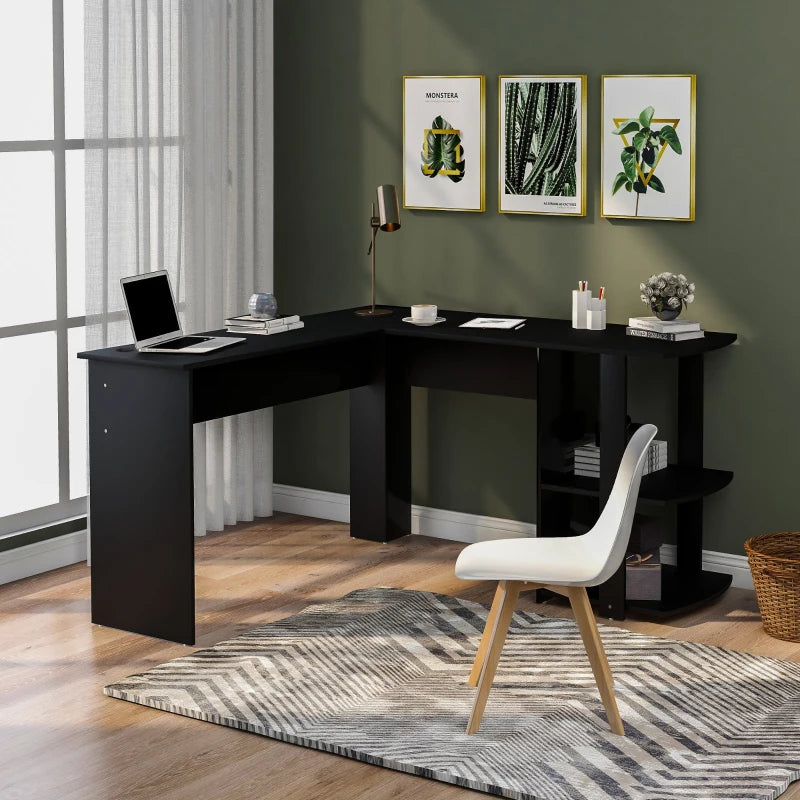 Black L-Shaped Corner Desk with Storage Shelves, Home Office Gaming Desk, 140x140x75 cm