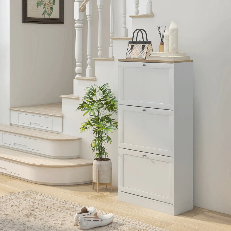 White Slim Shoe Cabinet with 3 Flip Drawers - 18 Pair Storage