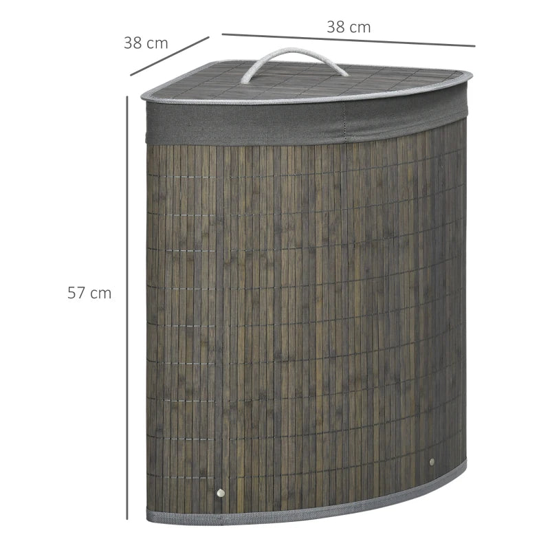 Grey Bamboo Laundry Basket with Lid, 55L Hamper & Washable Lining