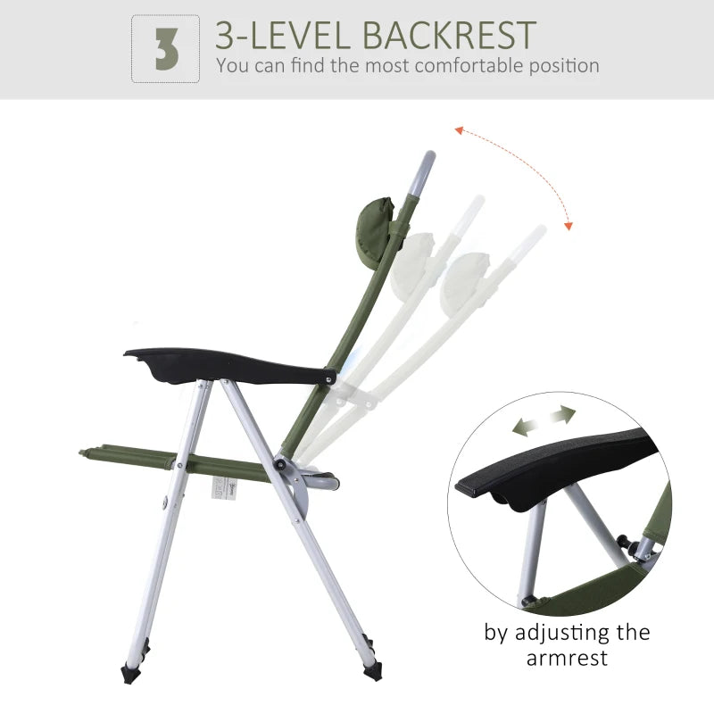 Green Folding Camping Chair with Adjustable Recliner Seat and Pillow