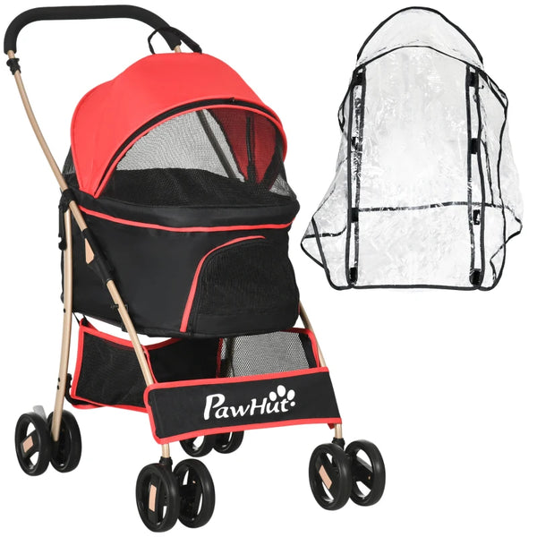 Red Pet Stroller with Rain Cover, 3-in-1 Cat Dog Pushchair