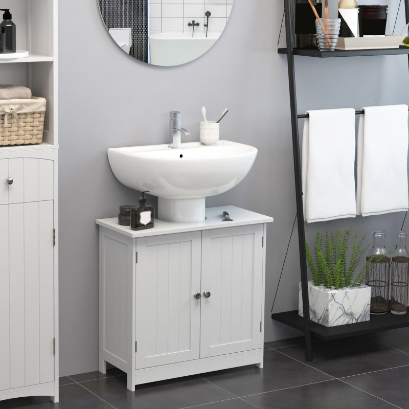 White Under Sink Bathroom Storage Cabinet - 2 Tier Wooden Vanity Unit