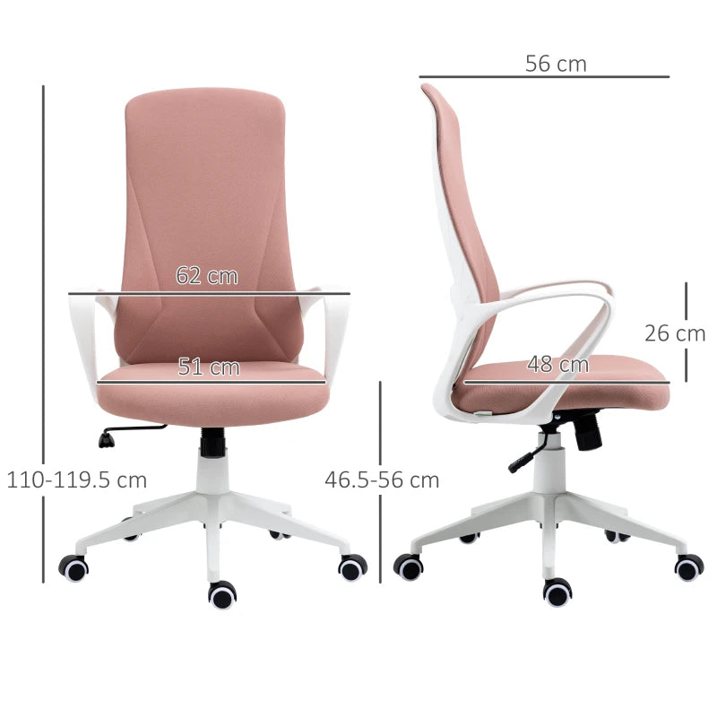 Pink Fabric High Back Office Chair with Armrests & Swivel Wheels