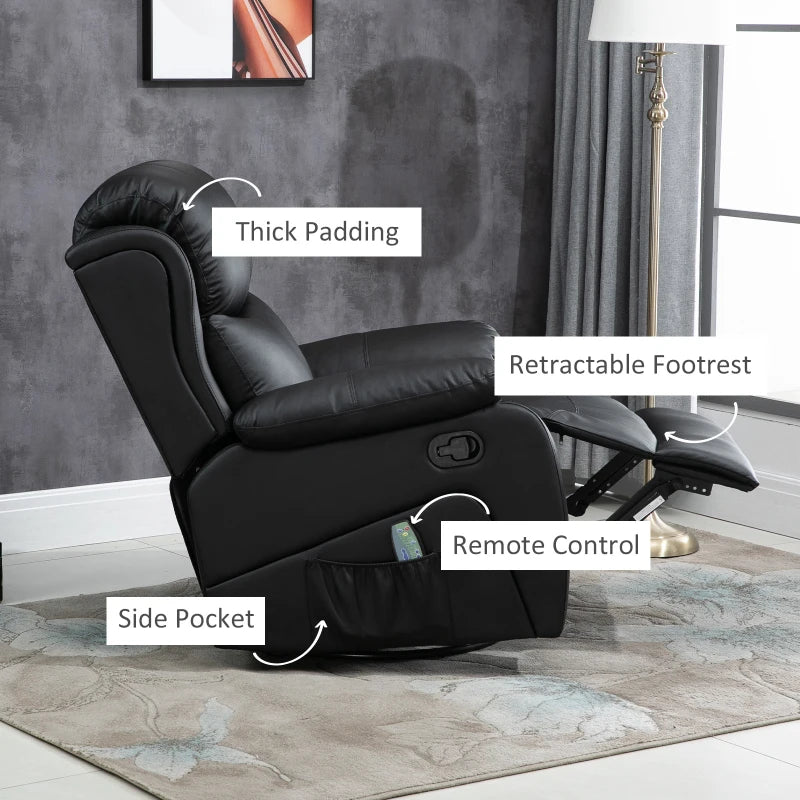 Black PU Leather Massage Recliner with Swivel Base and Heat