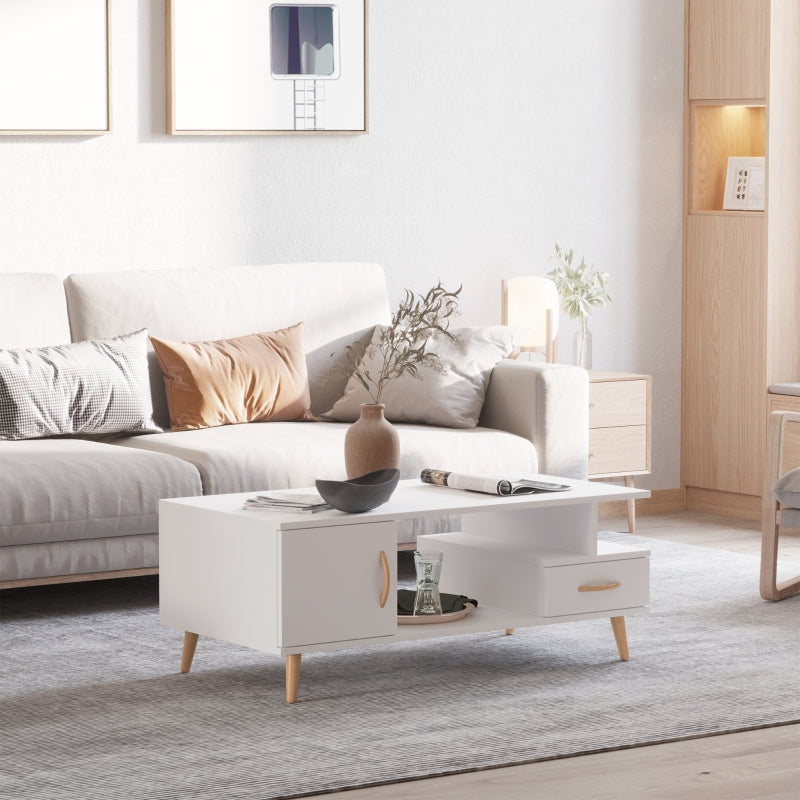 White Modern Coffee Table with Storage and Drawer