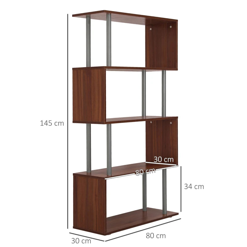 Modern Walnut S-Shaped 4-Tier Wooden Bookcase with Steel Frame